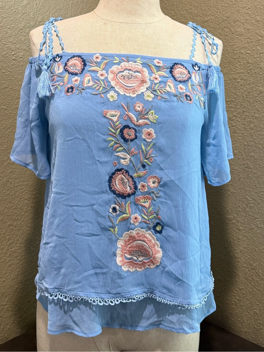 Lulumari Light Blue Floral Embroidered Off-Shoulder Top